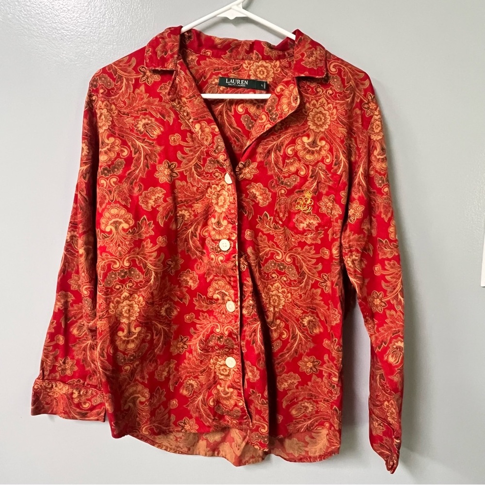 lauren ralph lauren womens red paisley print pajama top size large replacement‎